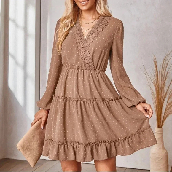 New Dress Boho Tan Long Sleeve Tiered Ruffle Mini Dress New Cowgirl Western - Picture 2 of 5